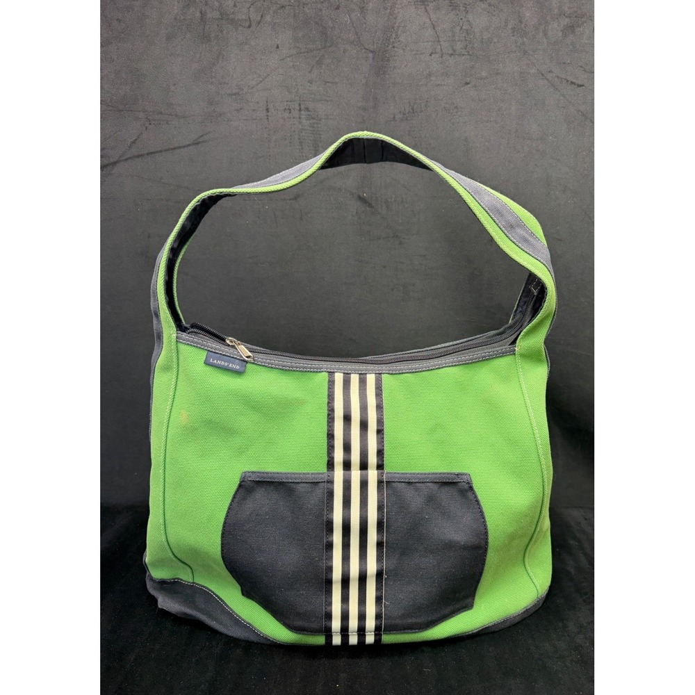 Lands End Green & Blue Canvas Medium Tote Bag Zip Top Travel School Beach Bag